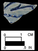 Scratch-blue body sherds, Bennett's Point, 18QU28 /122 (left and center), 18QU28 /123 (right).